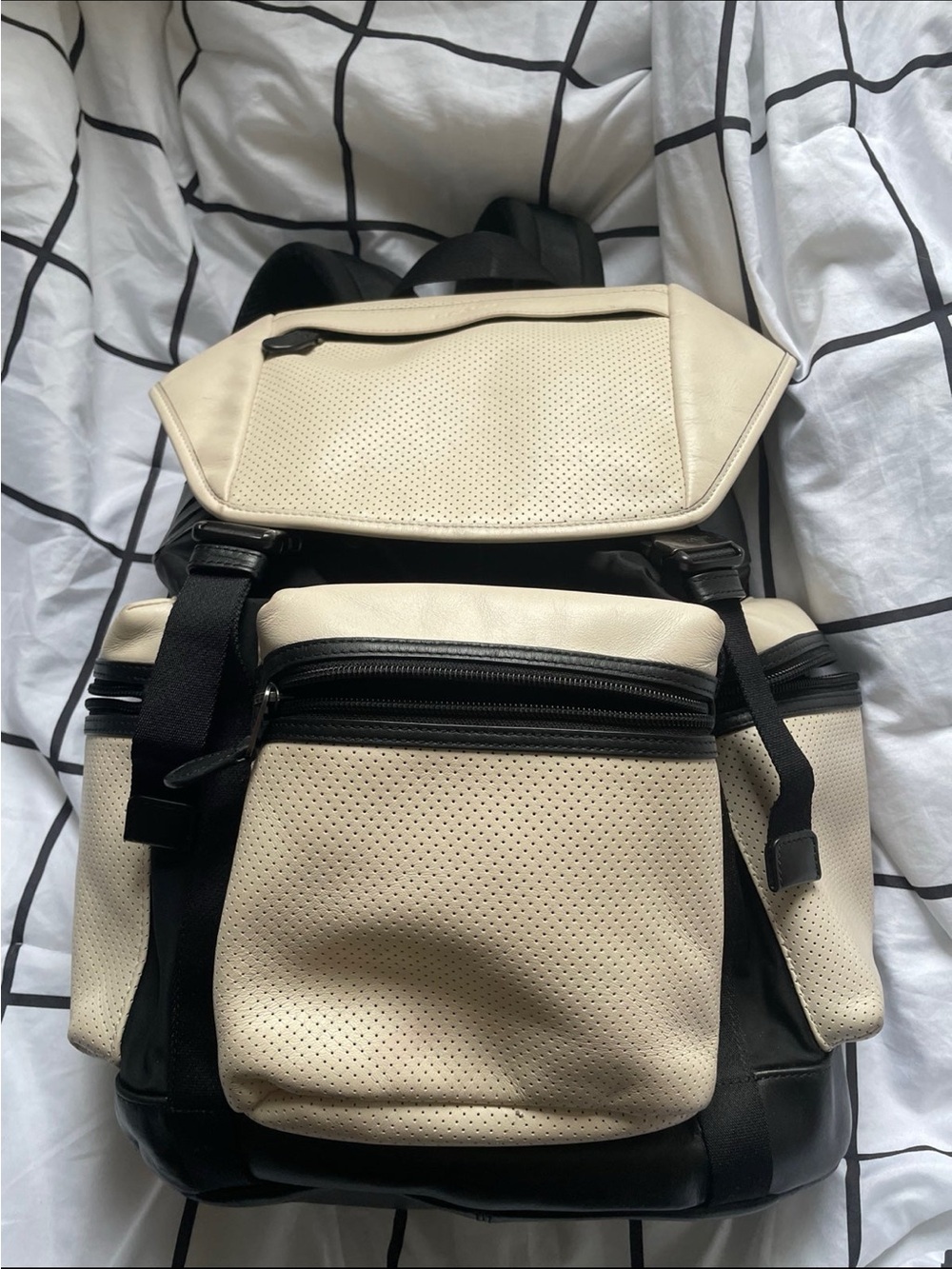 Coach Two-Tone Cream and Black Perforated Leather Backpack